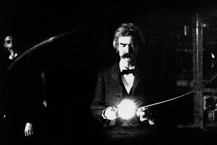1894, Mark Twain plays with electricity in Nikolai Tesla's Lab